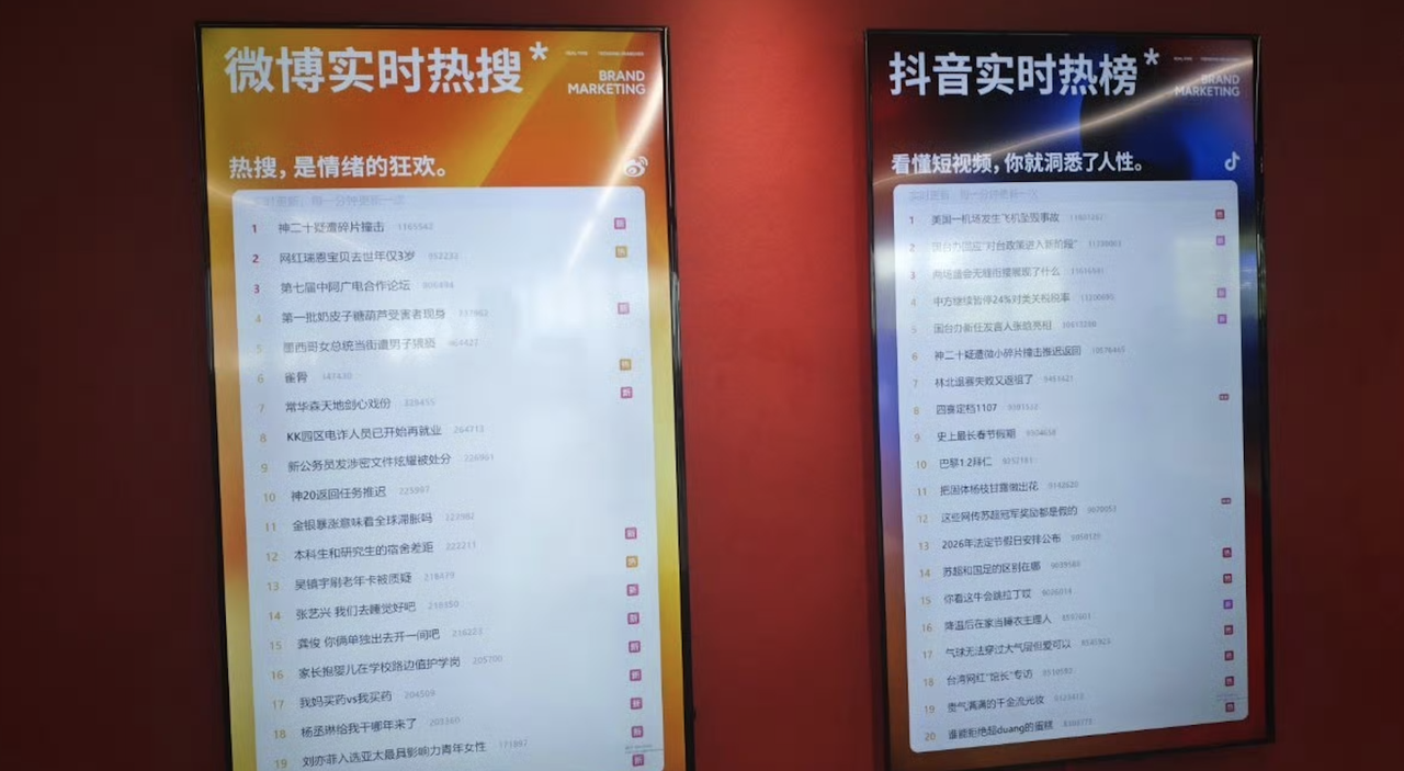 Screens of Weibo Real-time Hot Search and Douyin Hot List for digital marketing trends