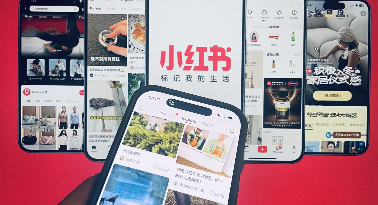 Multiple smartphones displaying Xiaohongshu application interface